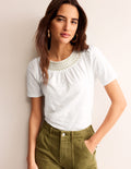 Smock Neck Puff Sleeve Top-White, Gold Metallic