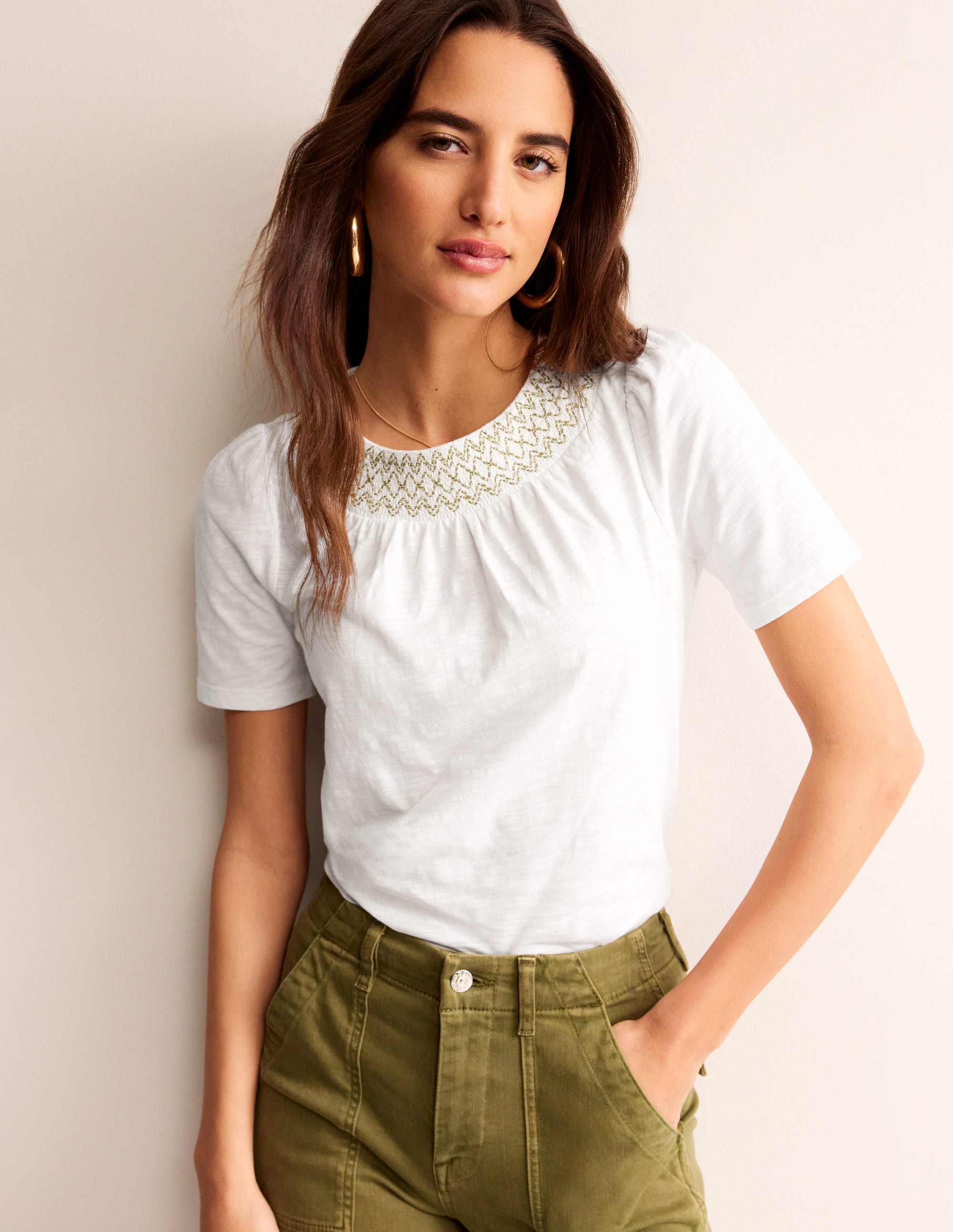 Smock Neck Puff Sleeve Top-White, Gold Metallic - Image 1