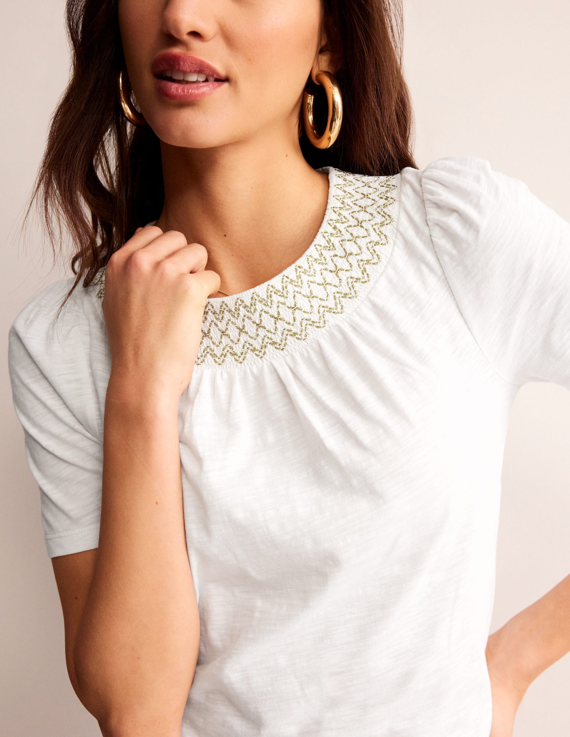 Smock Neck Puff Sleeve Top-White, Gold Metallic-2