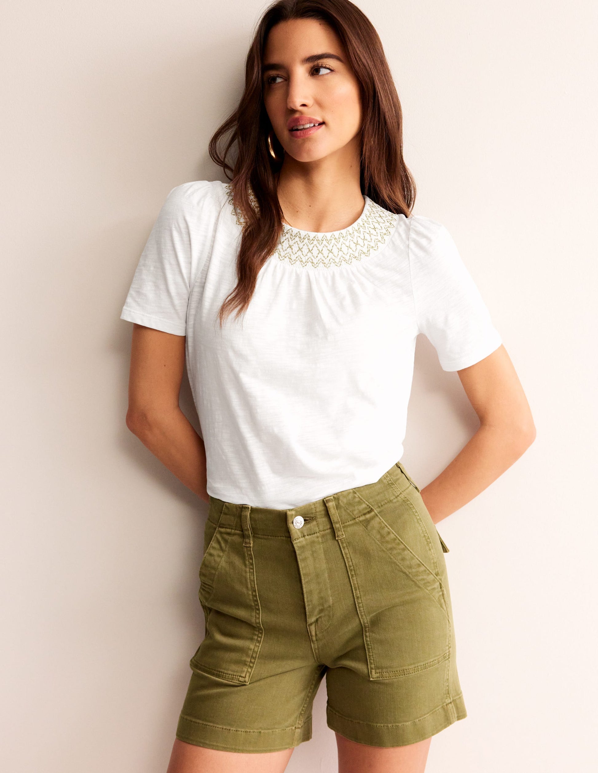 Smock Neck Puff Sleeve Top-White, Gold Metallic-4