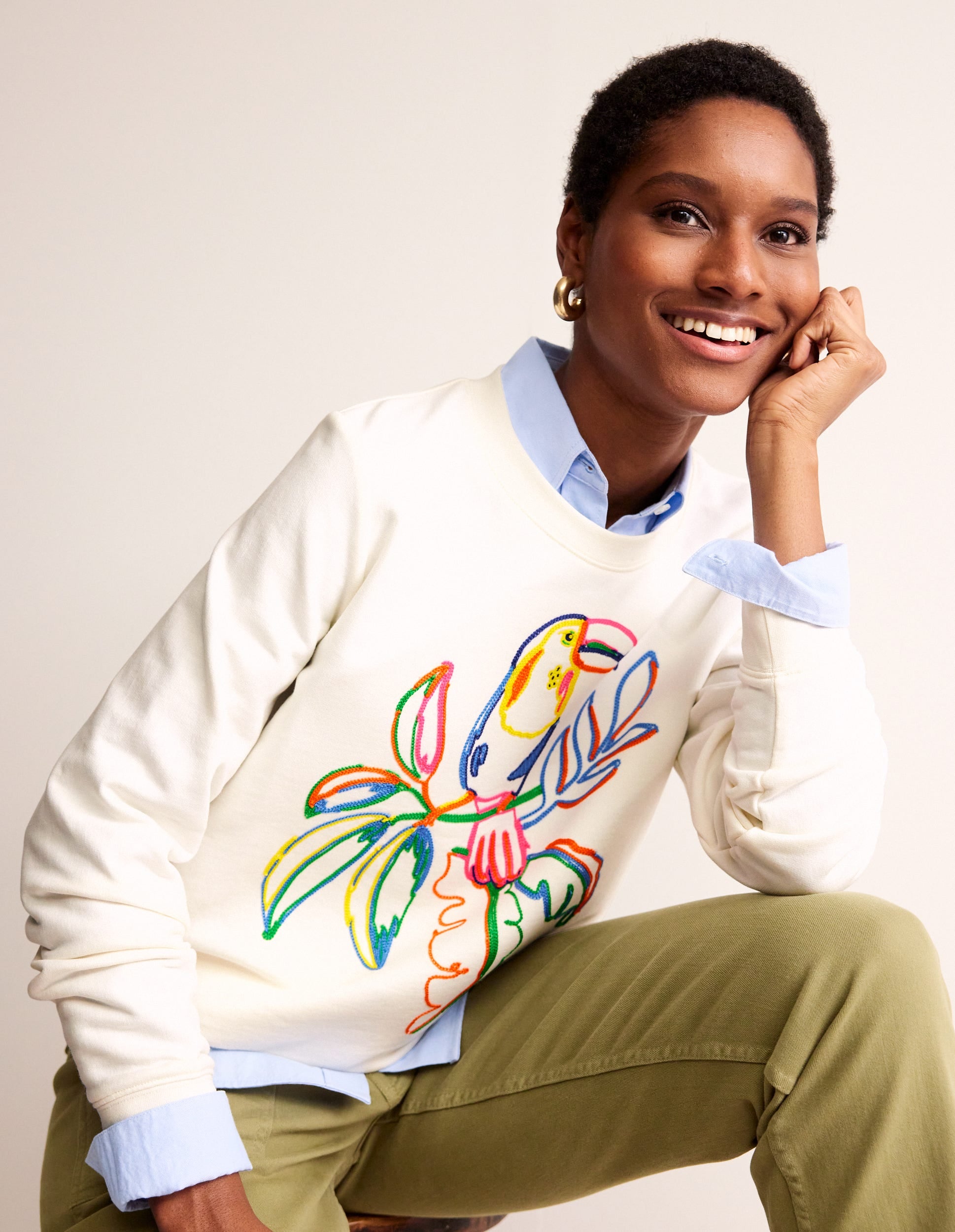 Hannah Embroidered Sweatshirt-Ivory, Embroidered Toucan-1