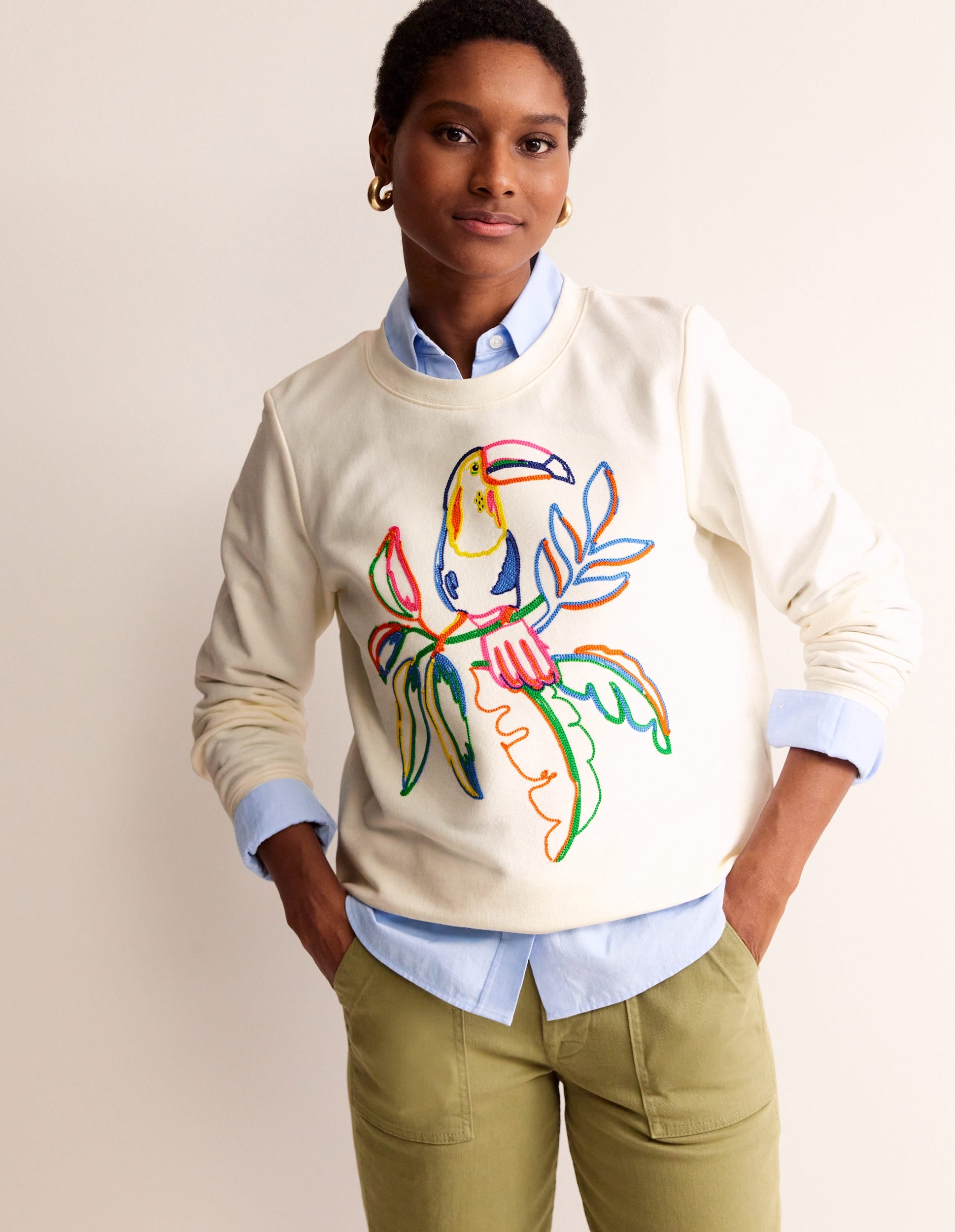 Hannah Embroidered Sweatshirt-Ivory, Embroidered Toucan-4