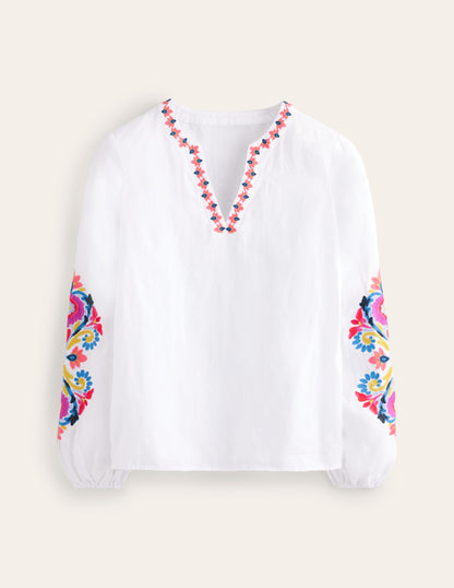 Bonnie Linen Top-White, Multi Floral