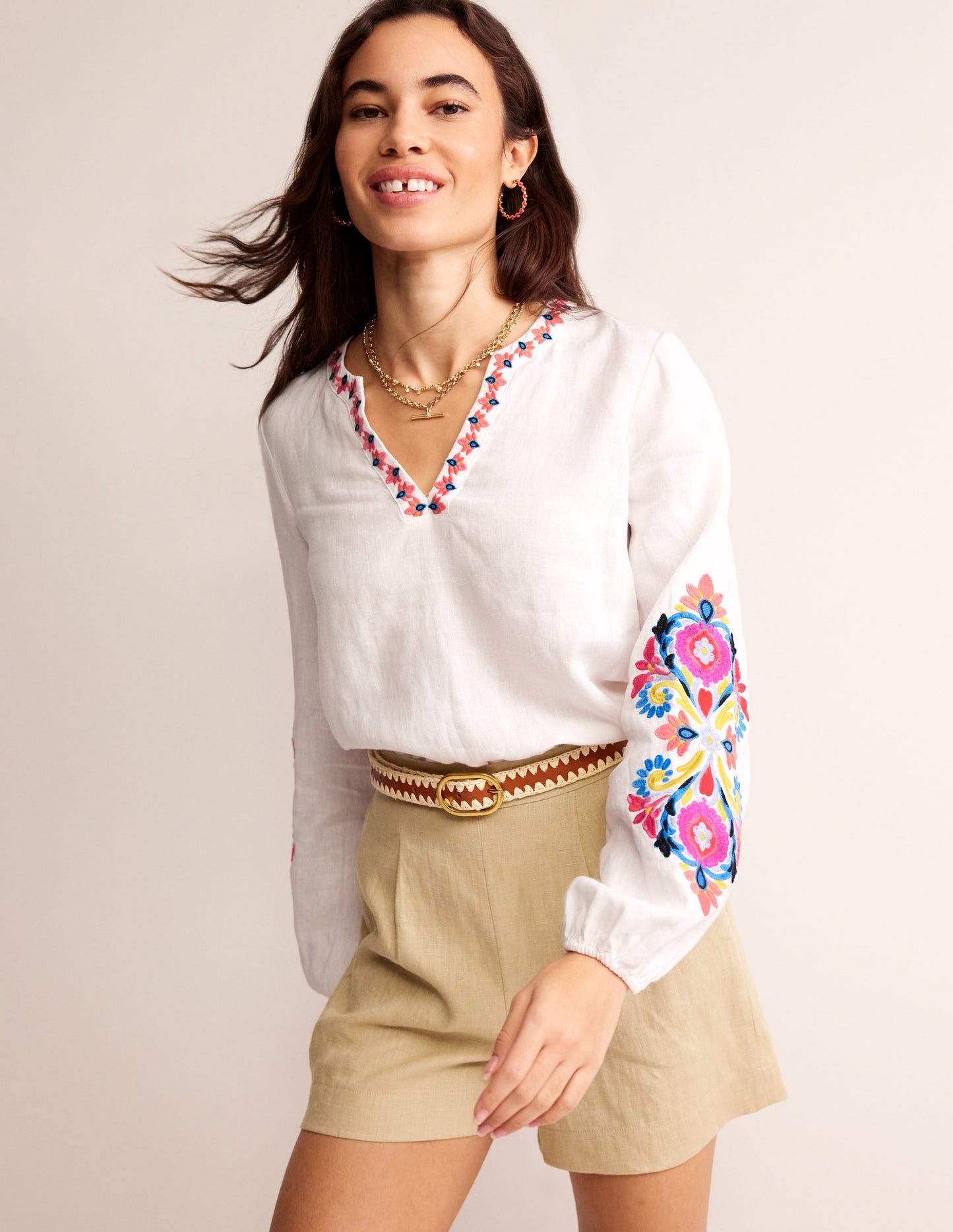 Bonnie Linen Top-White, Multi Floral