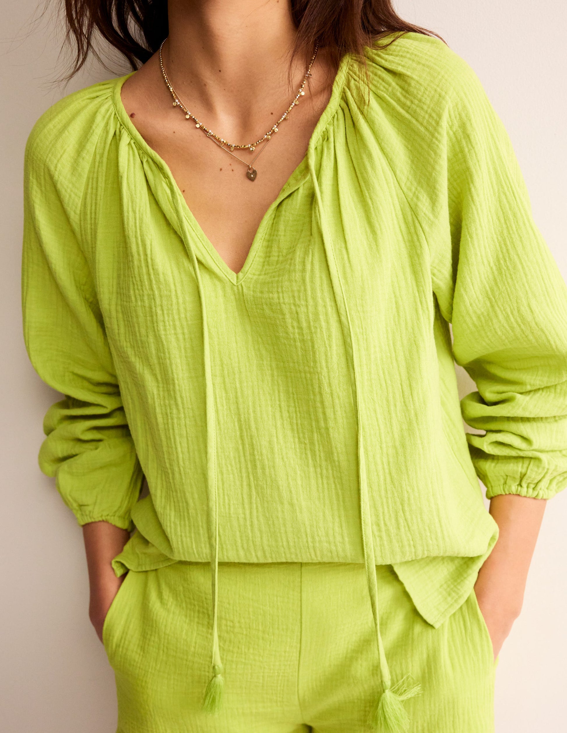 Doublecloth Blouson Sleeve Top-Bright Chartreuse-2