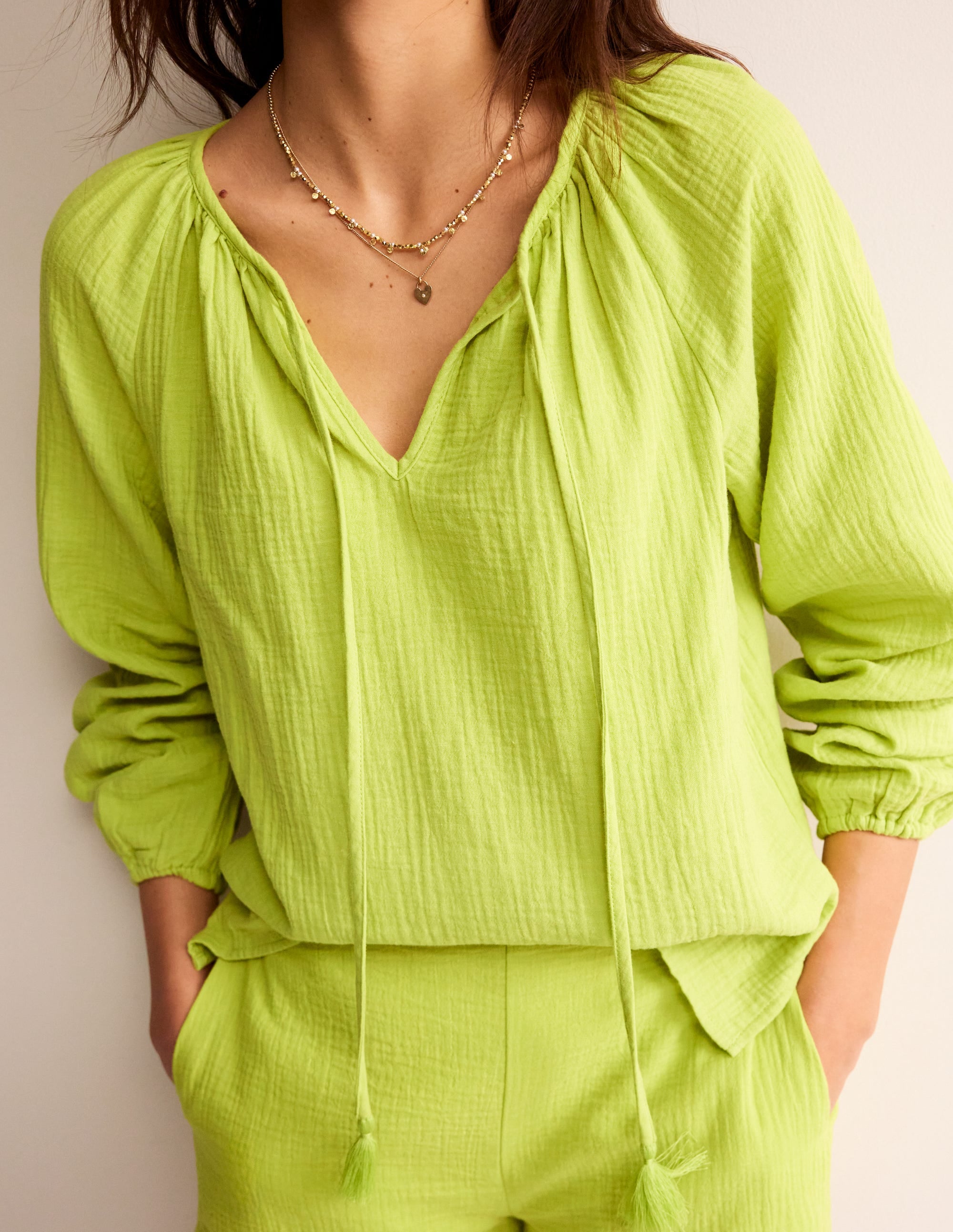 Doublecloth Blouson Sleeve Top-Bright Chartreuse - Image 2