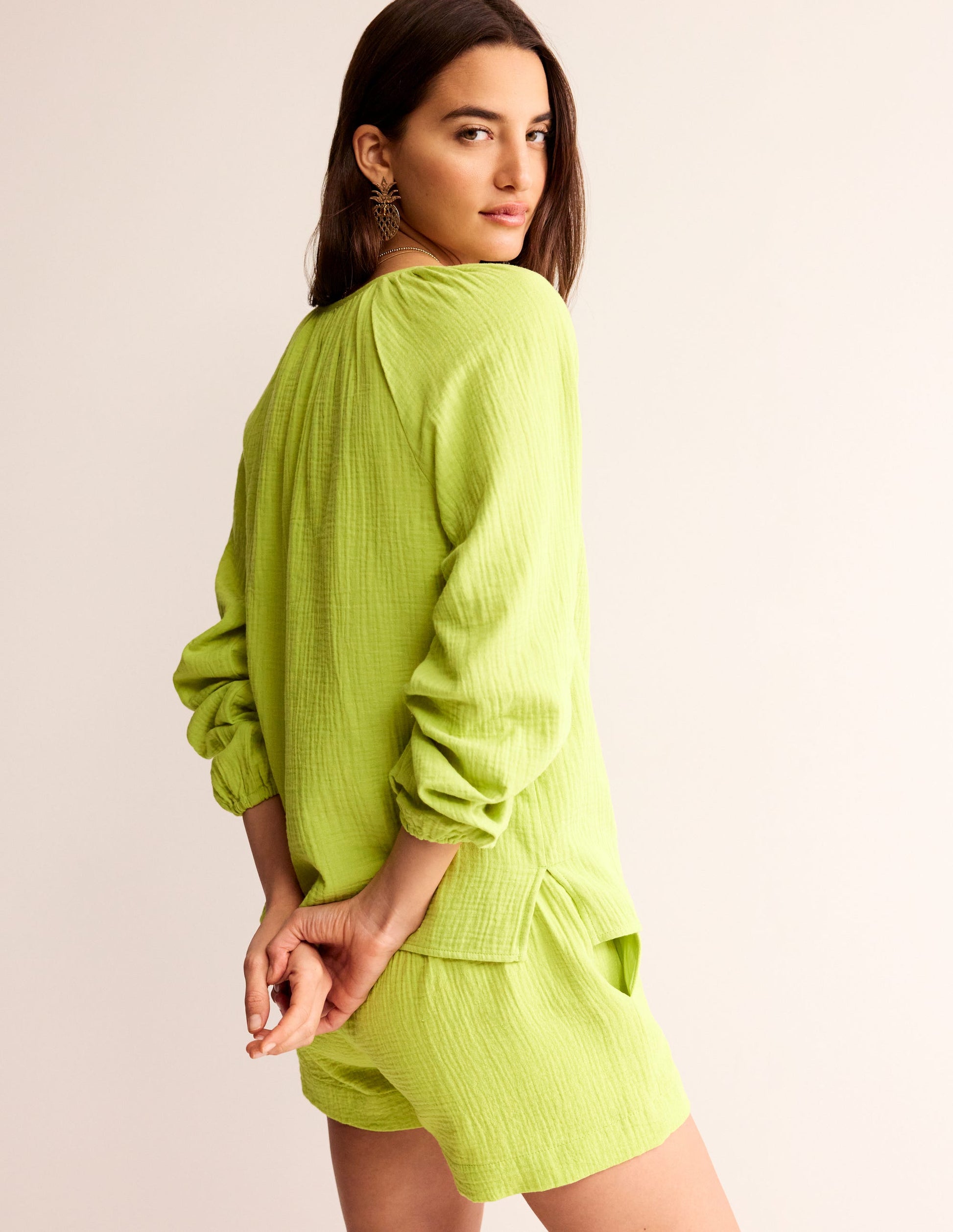 Doublecloth Blouson Sleeve Top-Bright Chartreuse-3