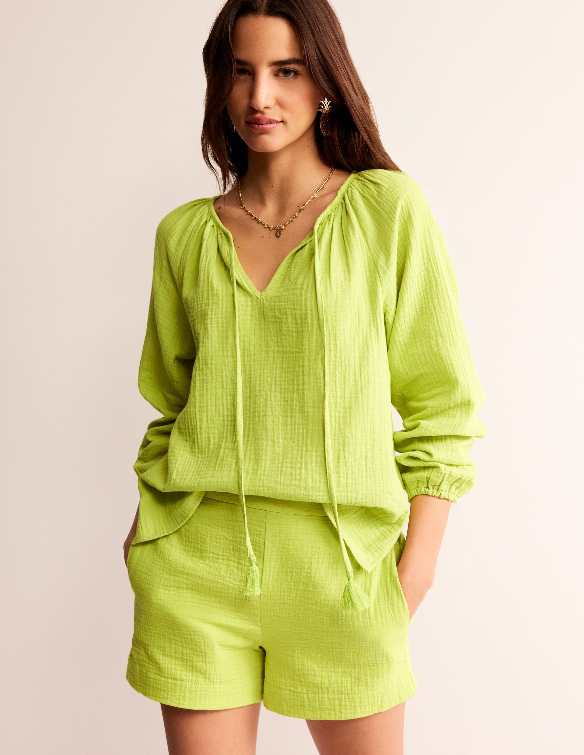 Doublecloth Blouson Sleeve Top-Bright Chartreuse-4