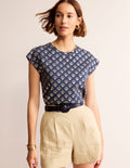 Louisa Printed Slub T-Shirt-Navy, Ditsy Vine Foil