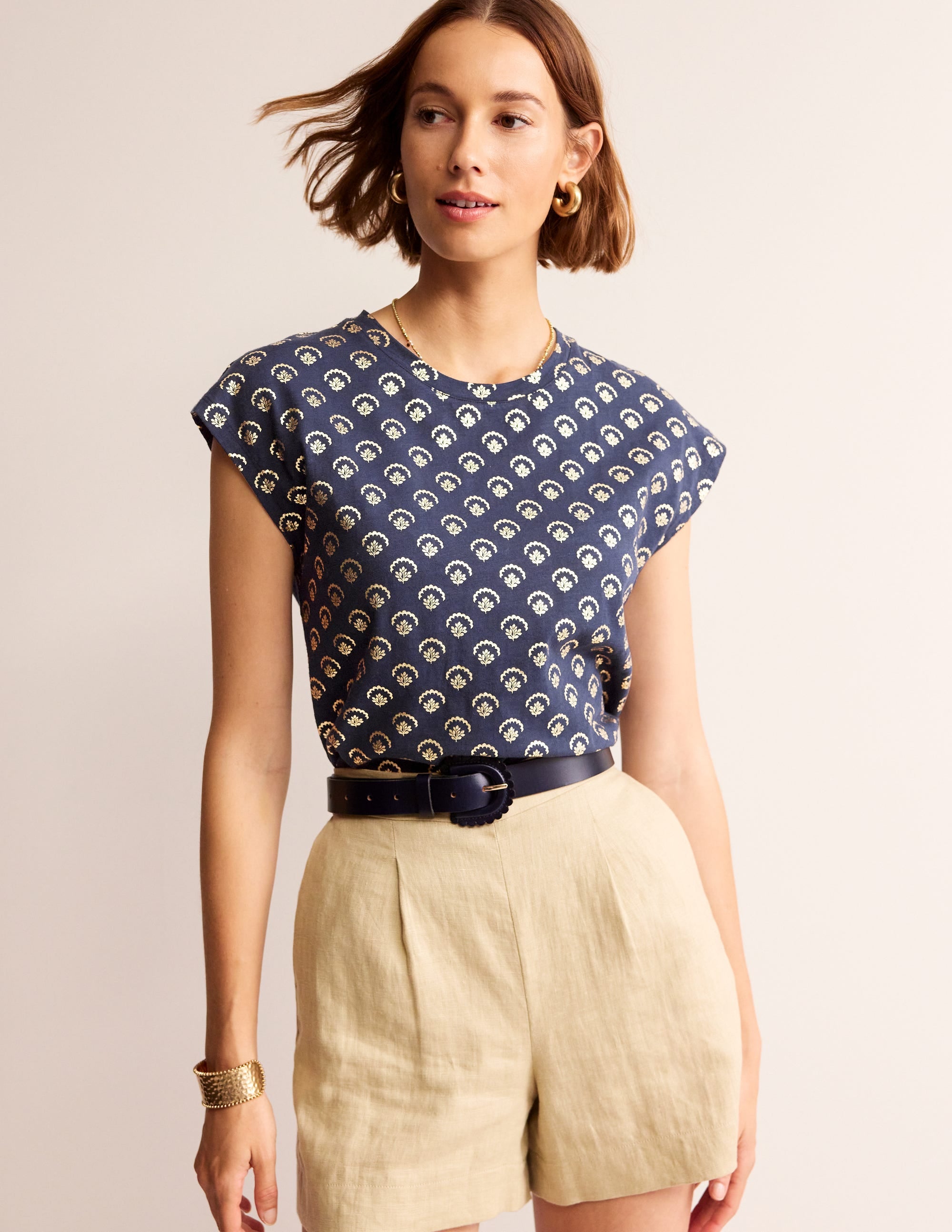 Louisa Printed Slub T-Shirt-Navy, Ditsy Vine Foil - Image 1