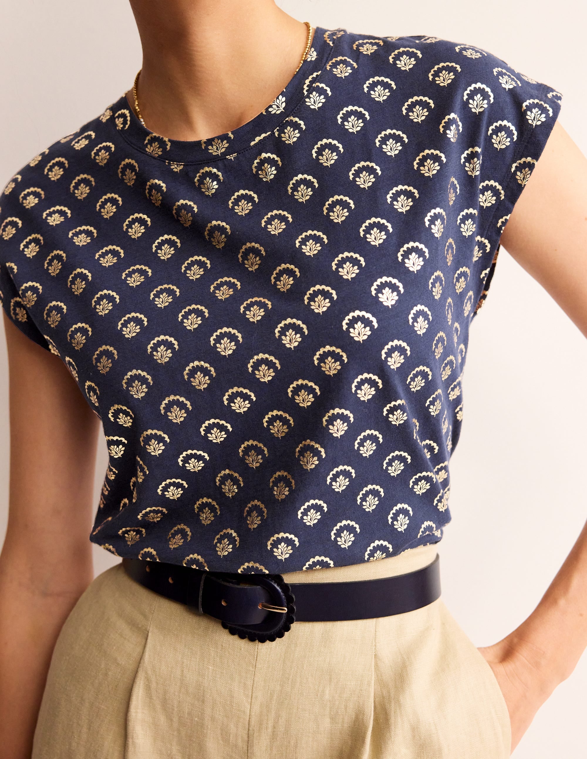 Louisa Printed Slub T-Shirt-Navy, Ditsy Vine Foil - Image 2
