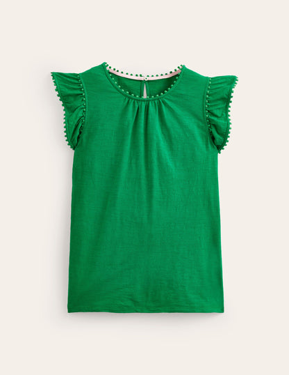 Pom Trim Ruffle Sleeve Top-Green Tambourine