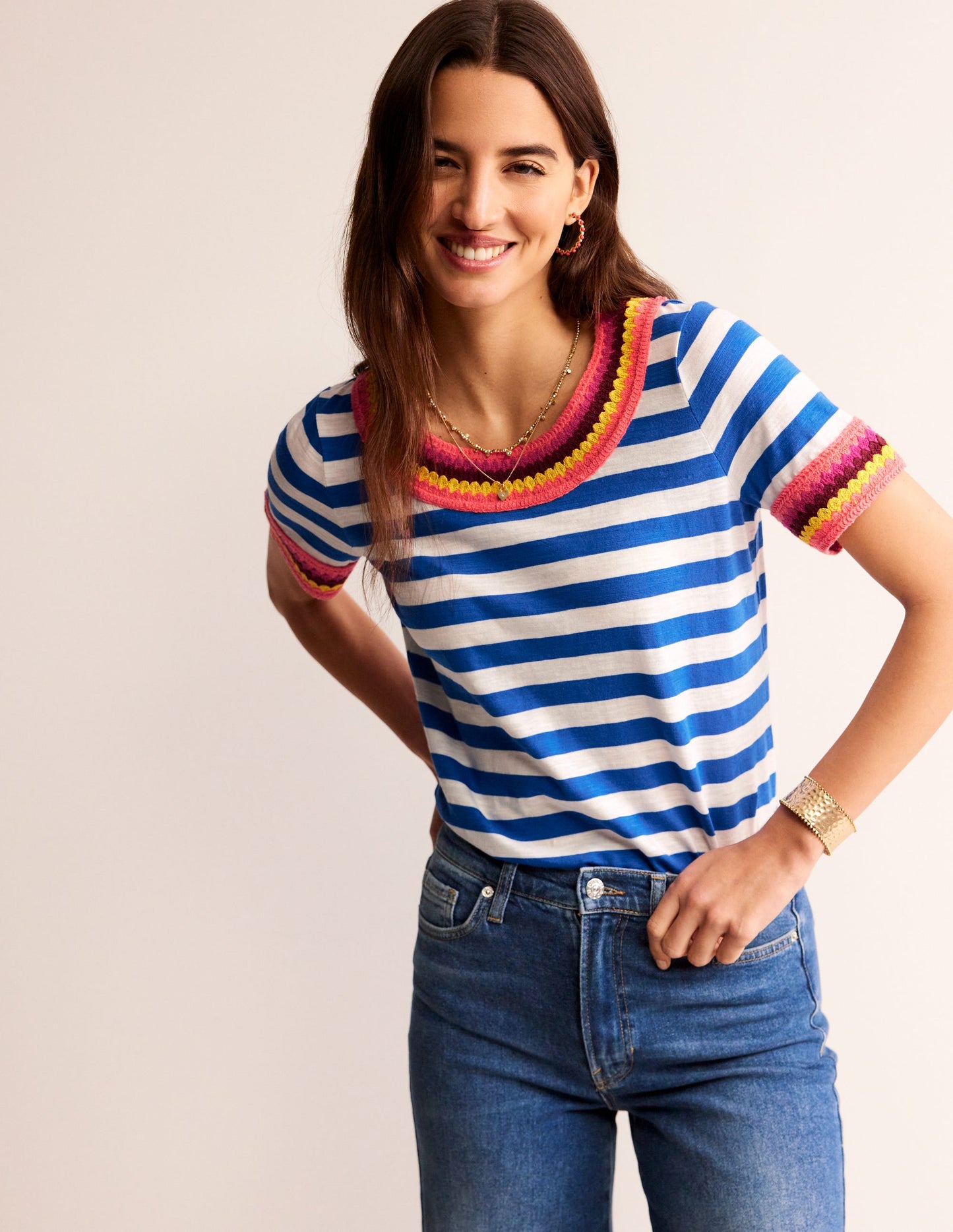 Crochet Crew Neck T-shirt-Blue, Ivory