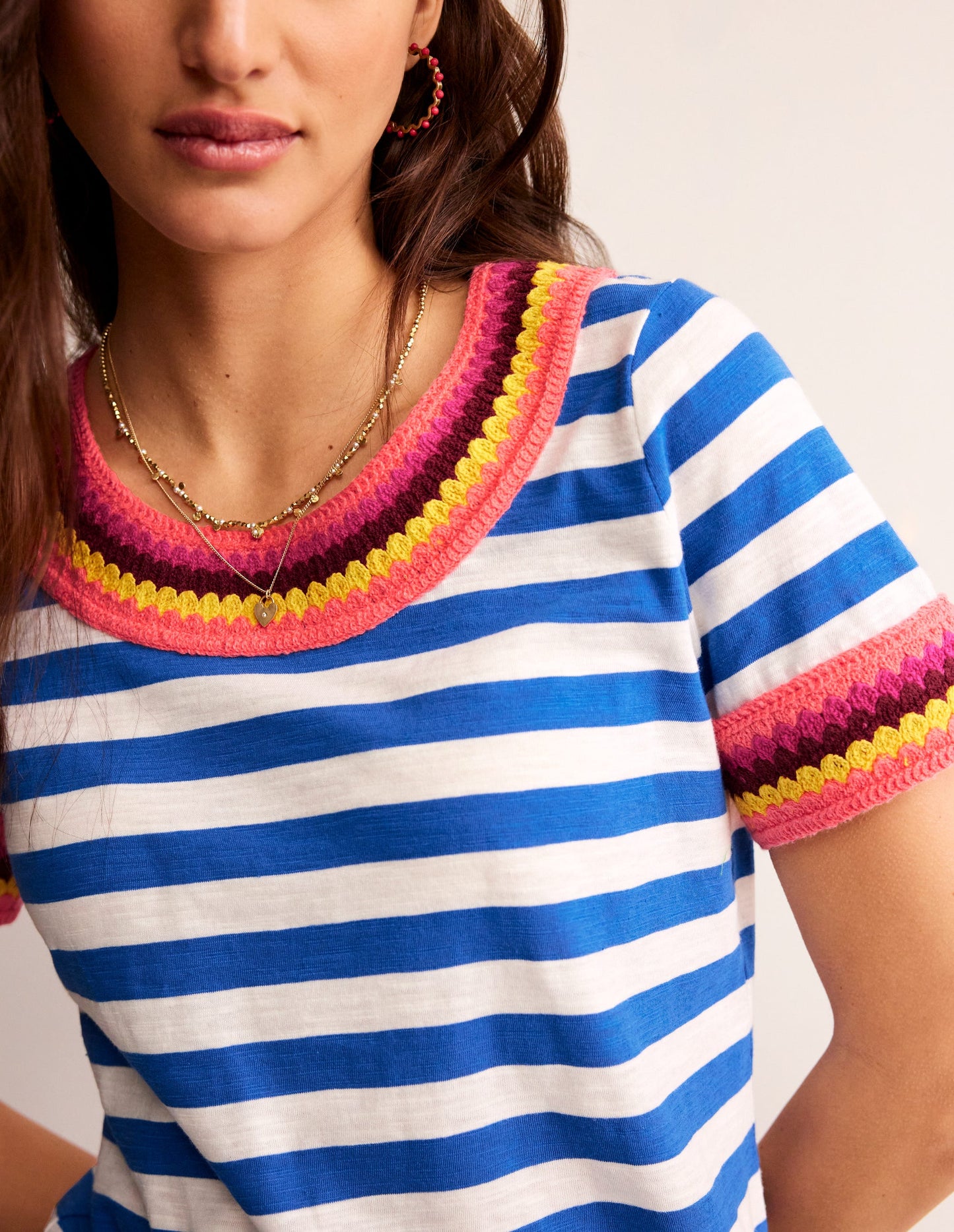 Crochet Crew Neck T-shirt-Blue, Ivory