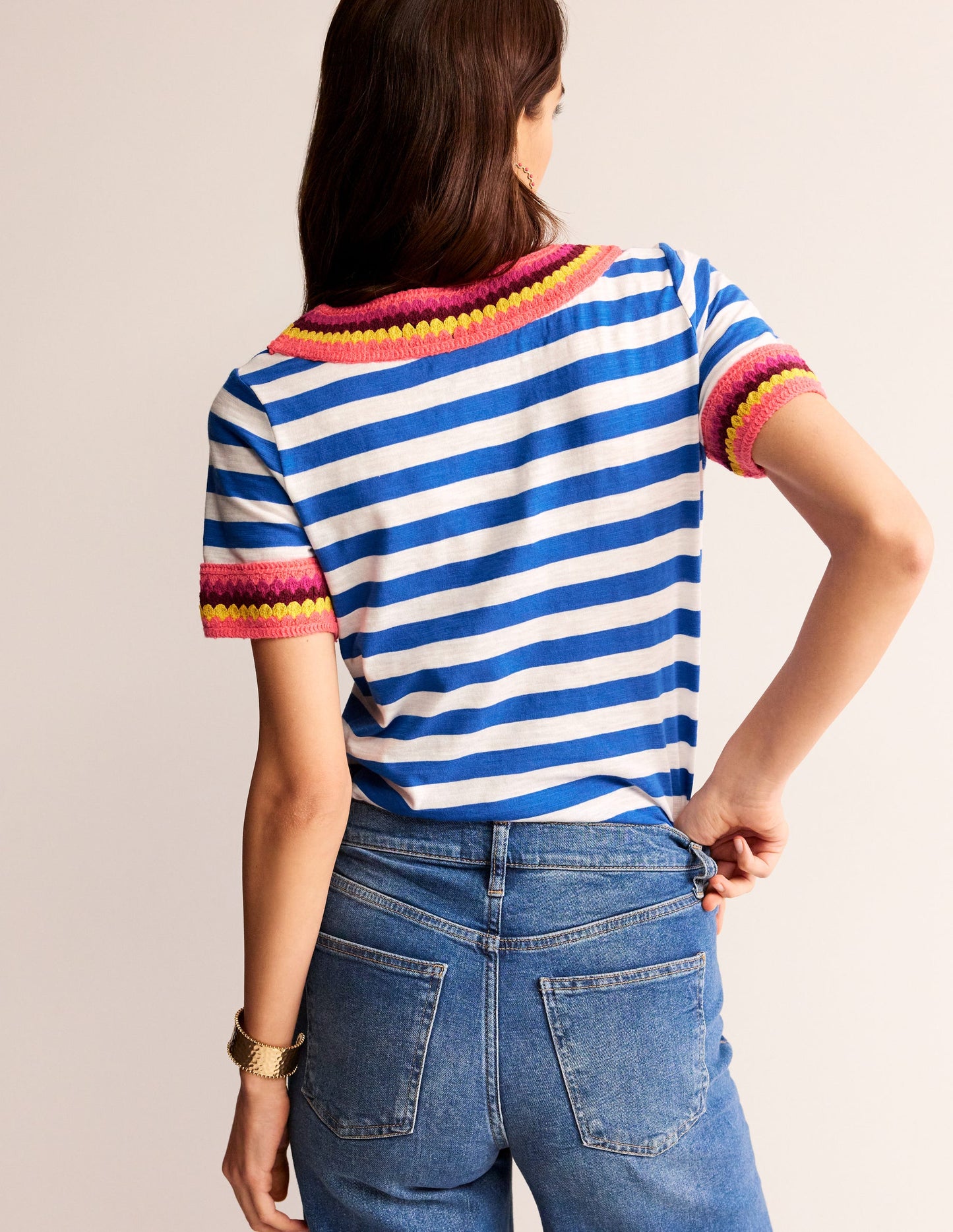 Crochet Crew Neck T-shirt-Blue, Ivory