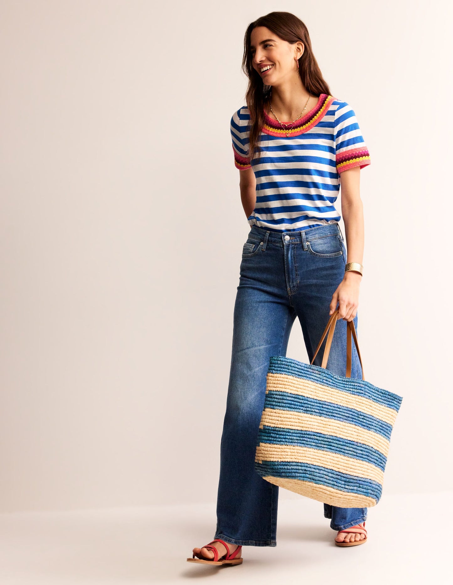 Crochet Crew Neck T-shirt-Blue, Ivory