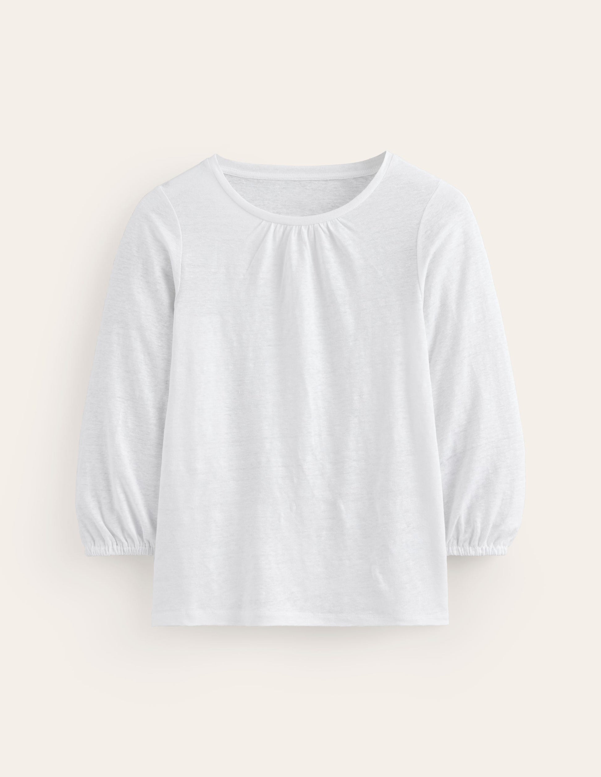 Gathered Neck Linen Jersey Top-White-5