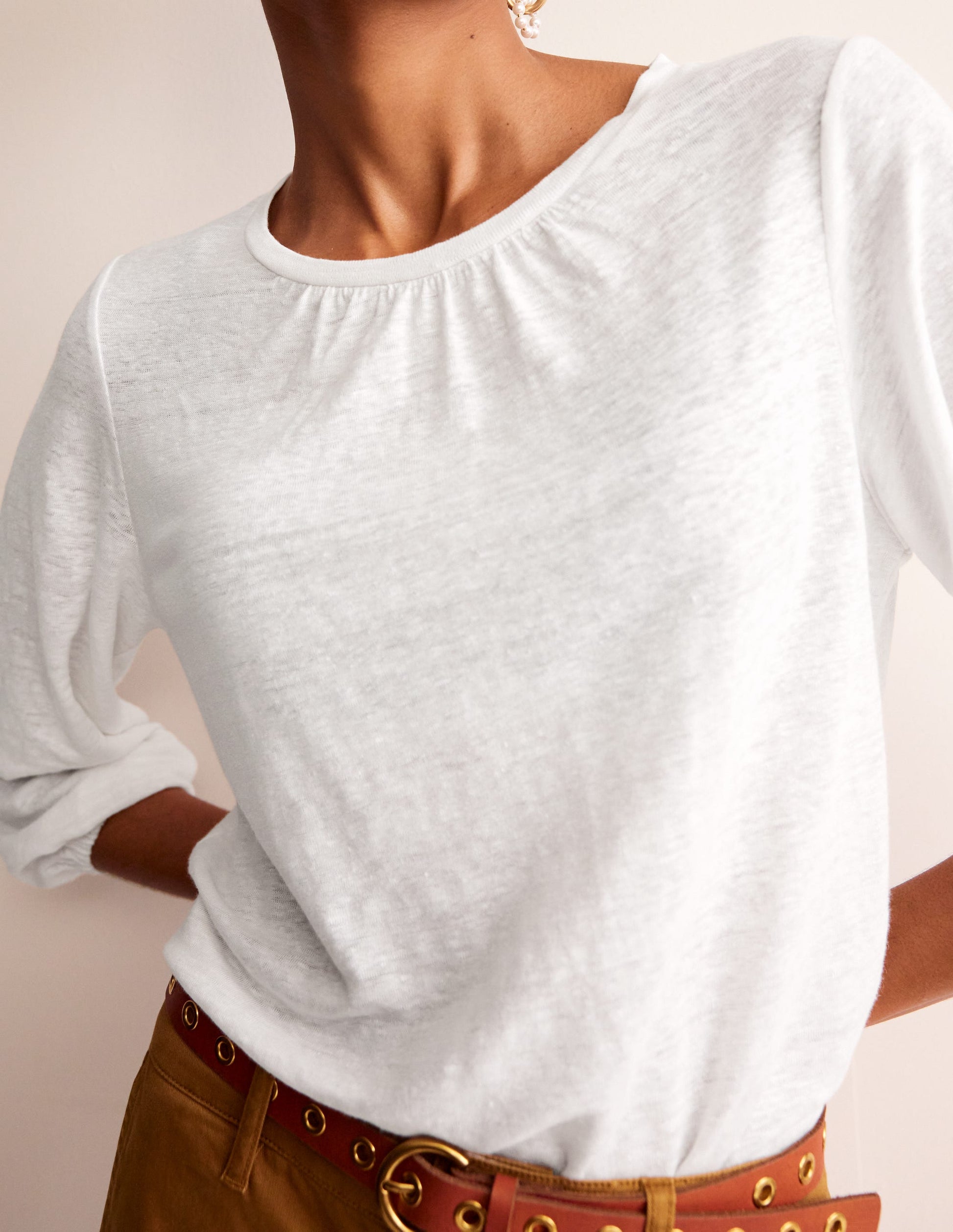 Gathered Neck Linen Jersey Top-White-2