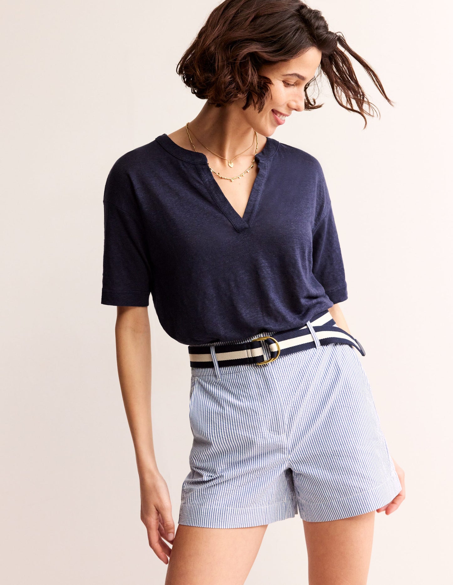 Notch Neck Linen Henley Top-Navy