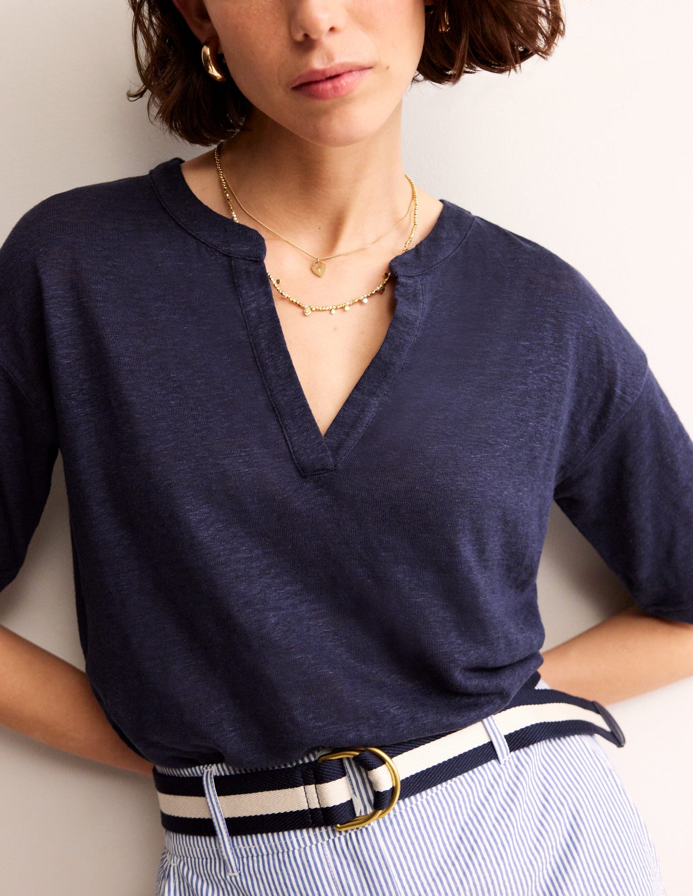 Notch Neck Linen Henley Top-Navy