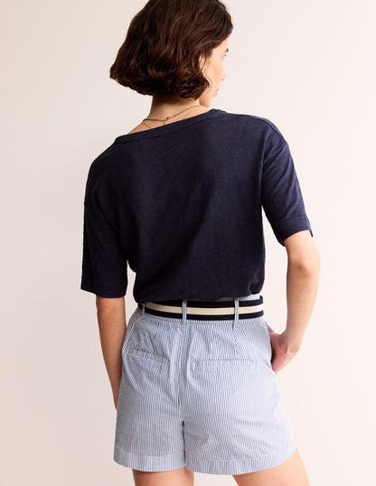 Notch Neck Linen Henley Top-Navy