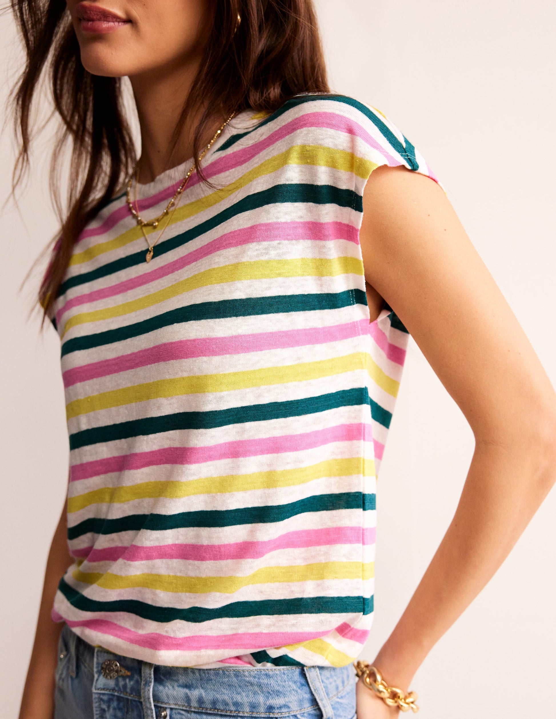 Louisa Crew Neck Linen T-shirt-Multi Stripe-2
