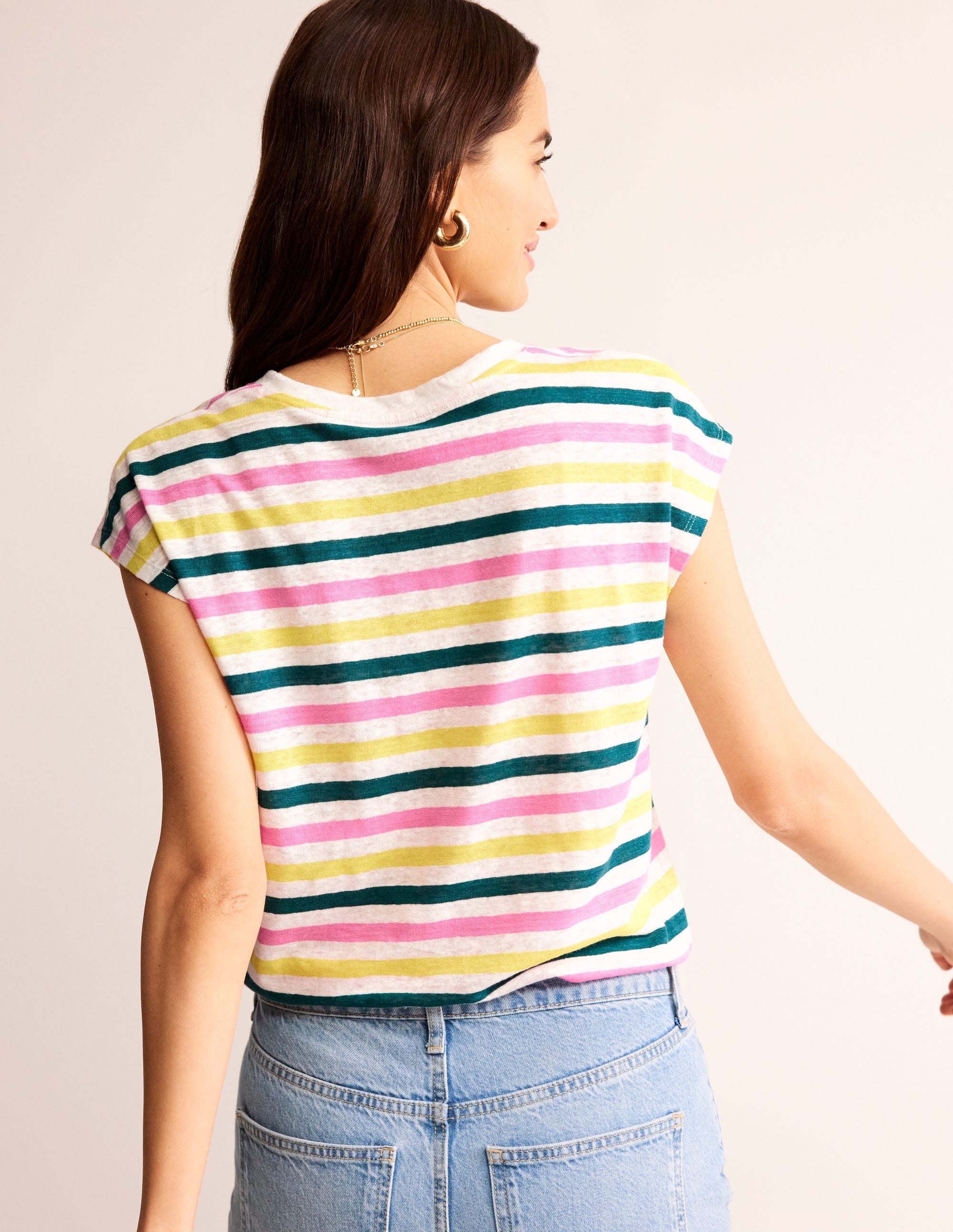 Louisa Crew Neck Linen T-shirt-Multi Stripe - Image 3