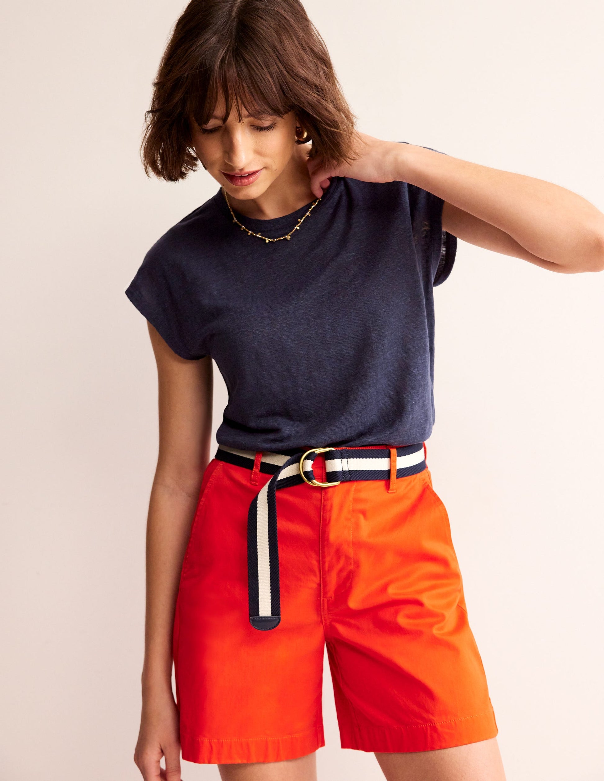 Louisa Crew Neck Linen T-shirt-Navy-4