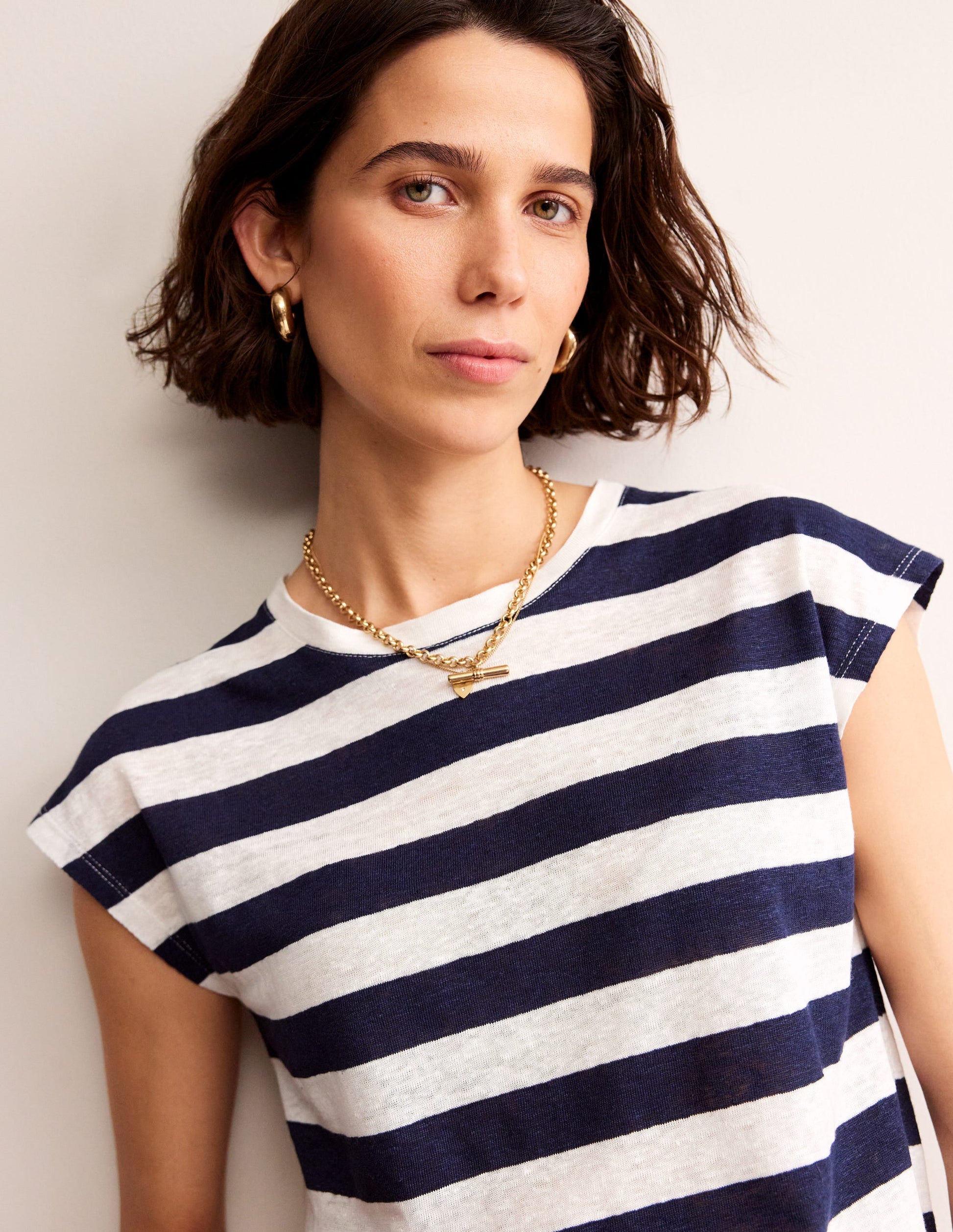 Louisa Crew Neck Linen T-shirt-Navy, Ivory Stripe-1