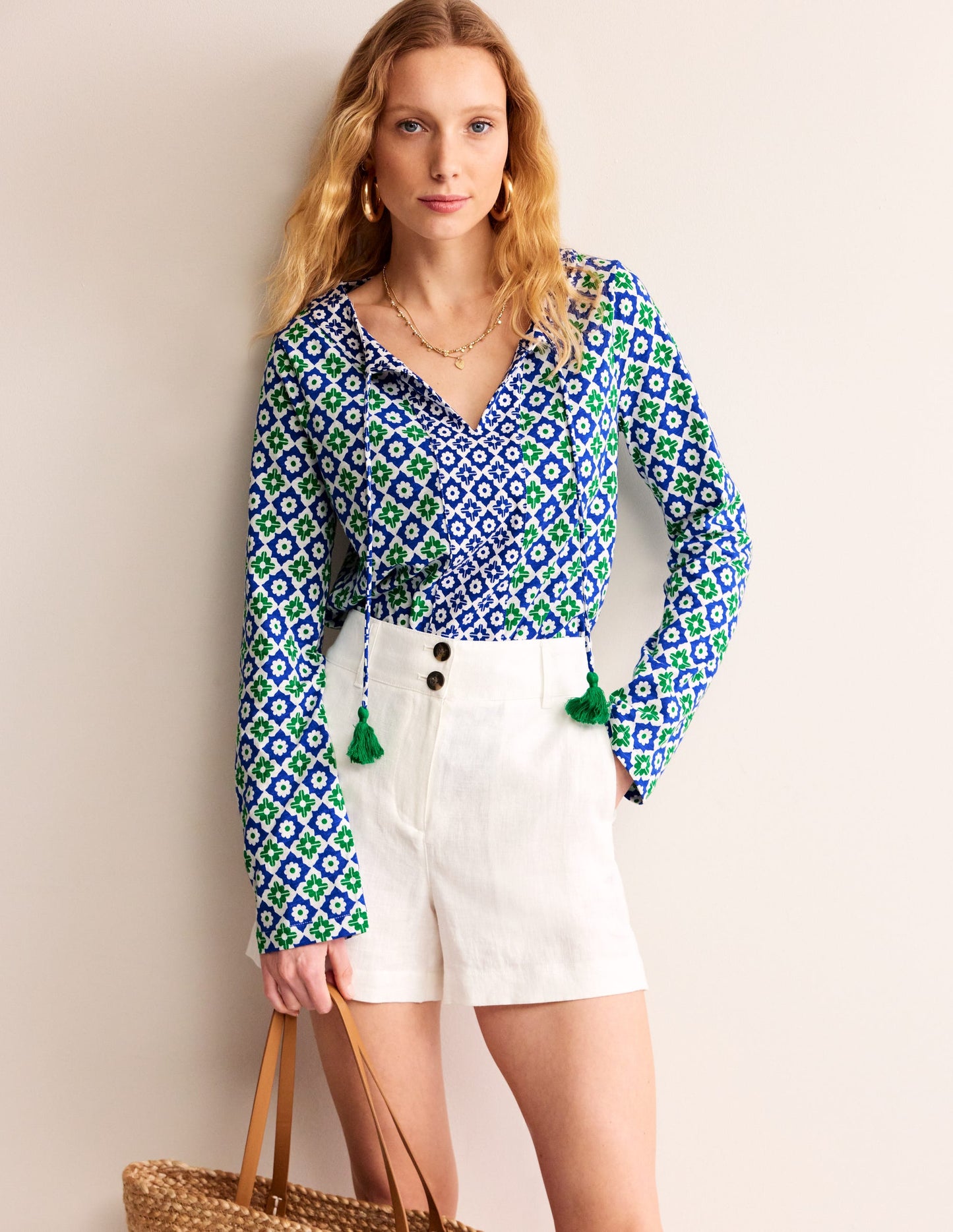 Printed Tie Neck Top-Green Tambourine, Geometric