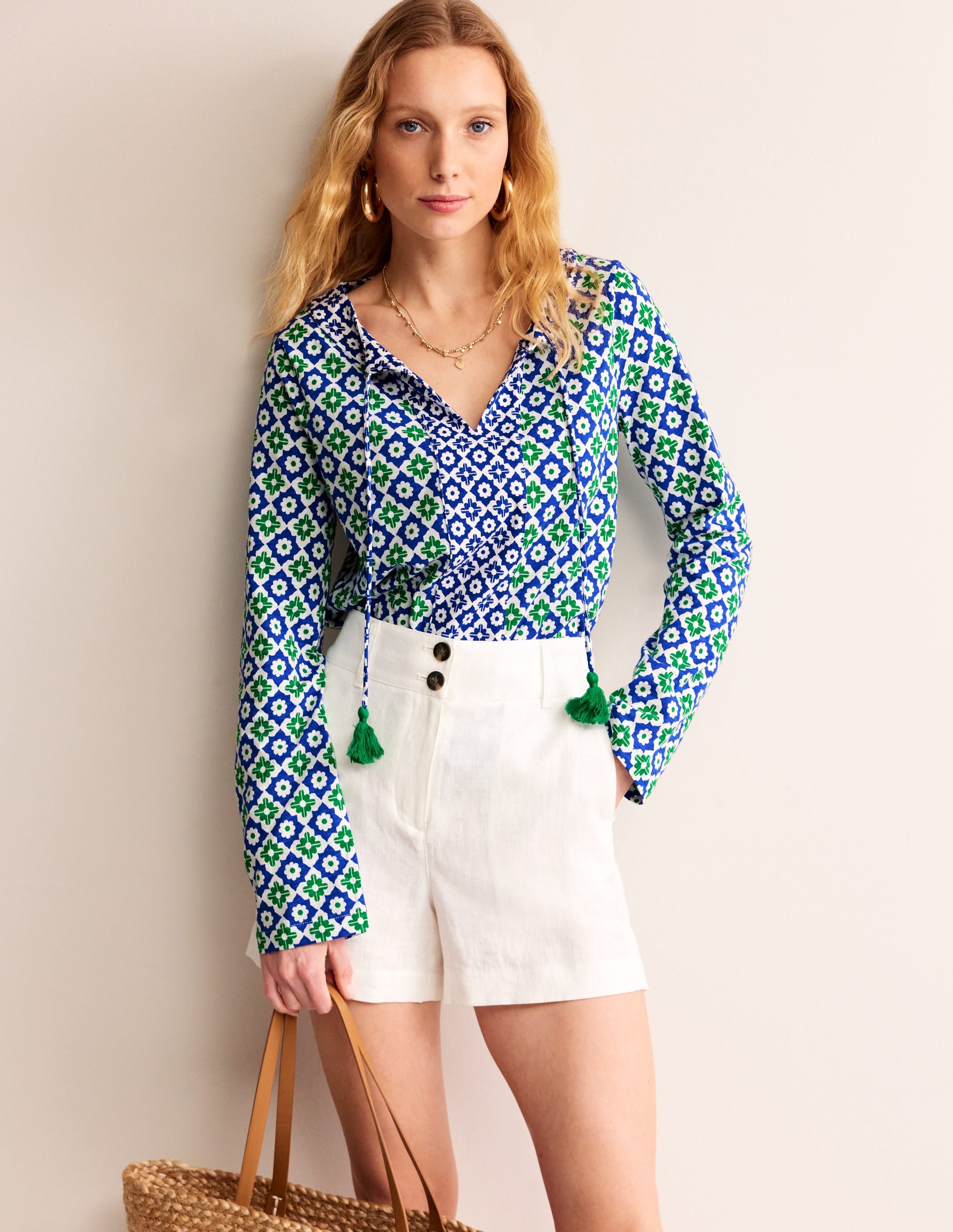 Printed Tie Neck Top-Green Tambourine, Geometric - Image 1