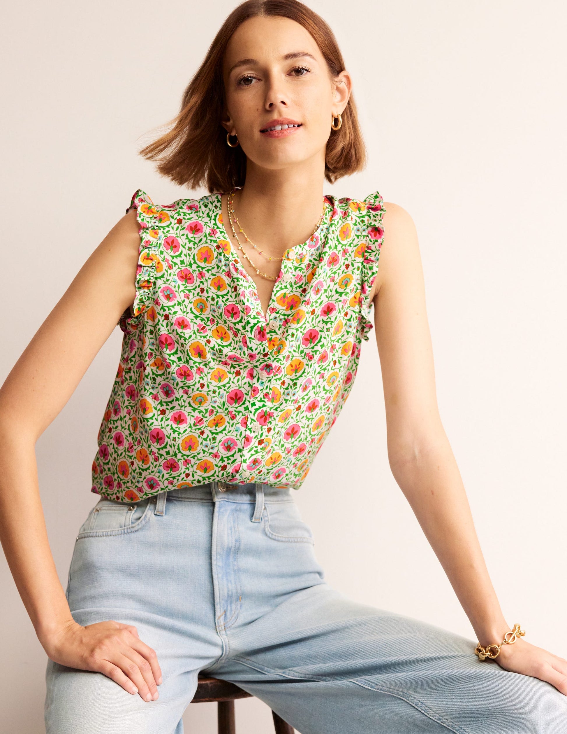 Alicia Button Down Top-Green, Enchanting Bloom-1