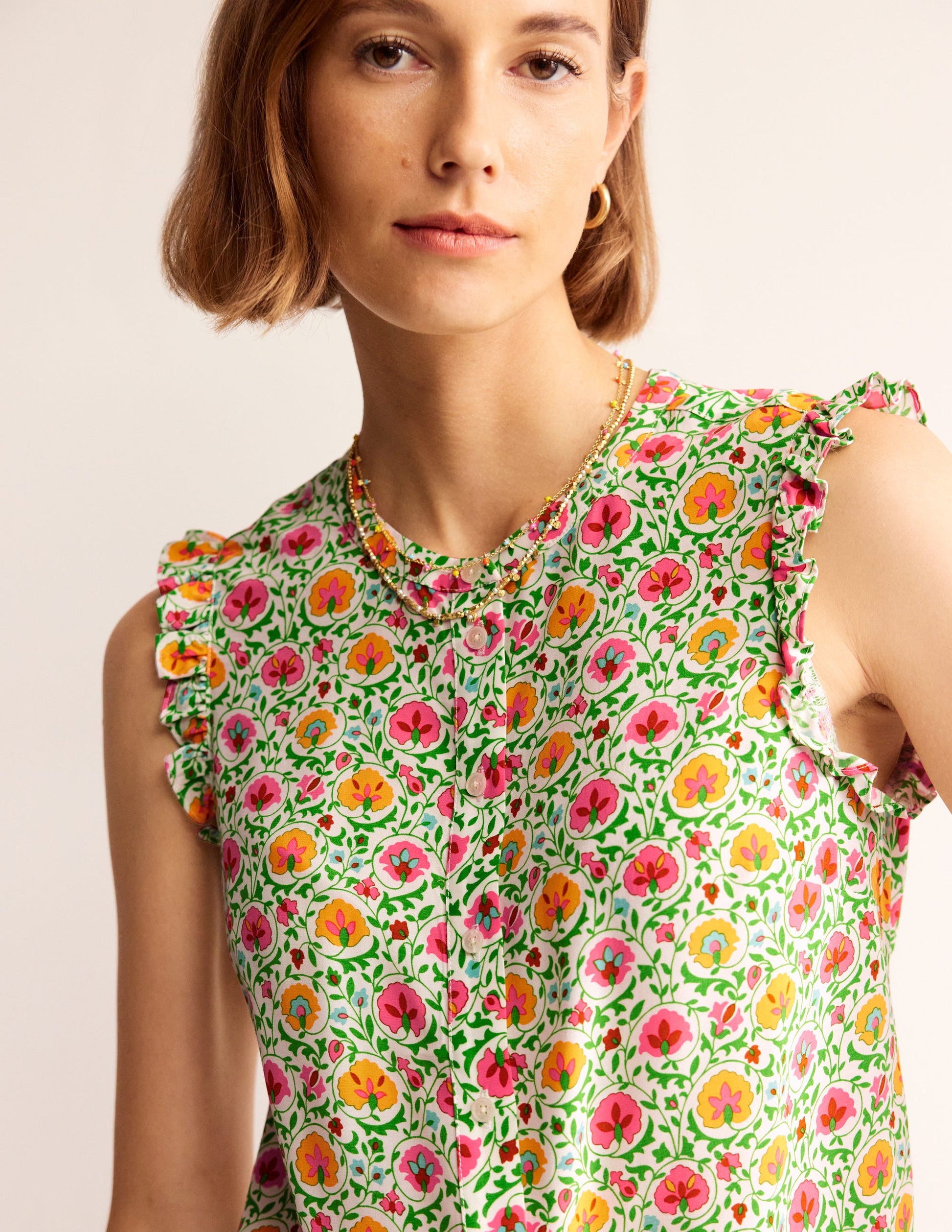 Alicia Button Down Top-Green, Enchanting Bloom-2