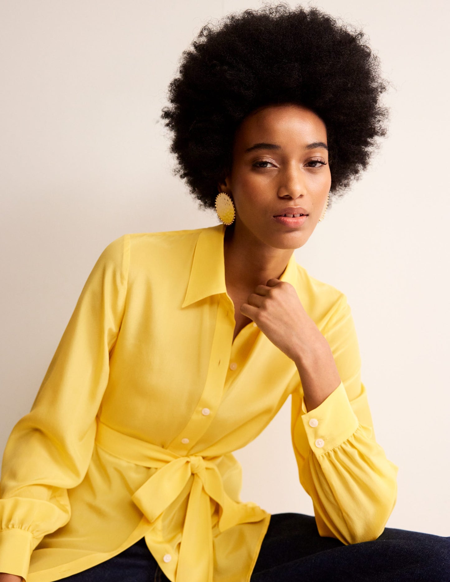 Belted Silk Shirt-Vibrant yellow