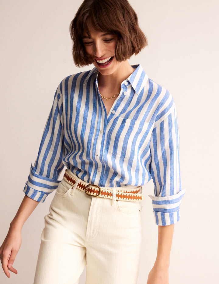 Connie Relaxed Linen Shirt-Cobalt Stripe