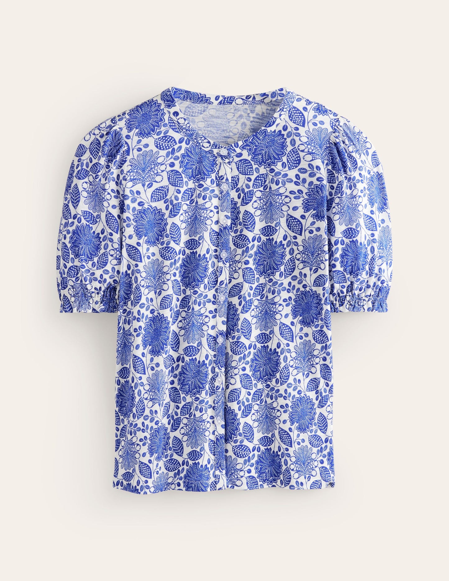 Dolly Puff Sleeve Jersey Shirt-Blue and Ivory, Gardenia Swirl