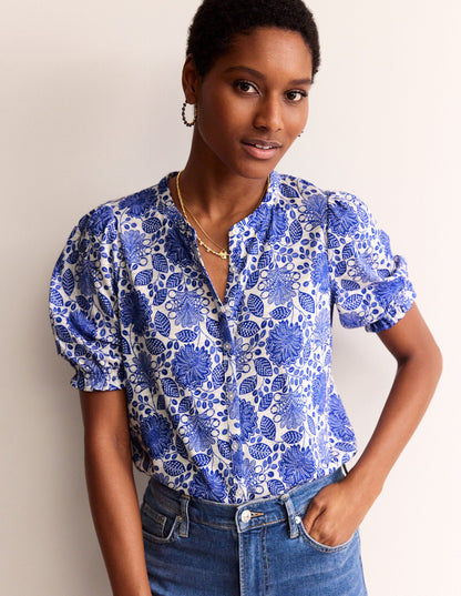 Dolly Puff Sleeve Jersey Shirt-Blue and Ivory, Gardenia Swirl-1