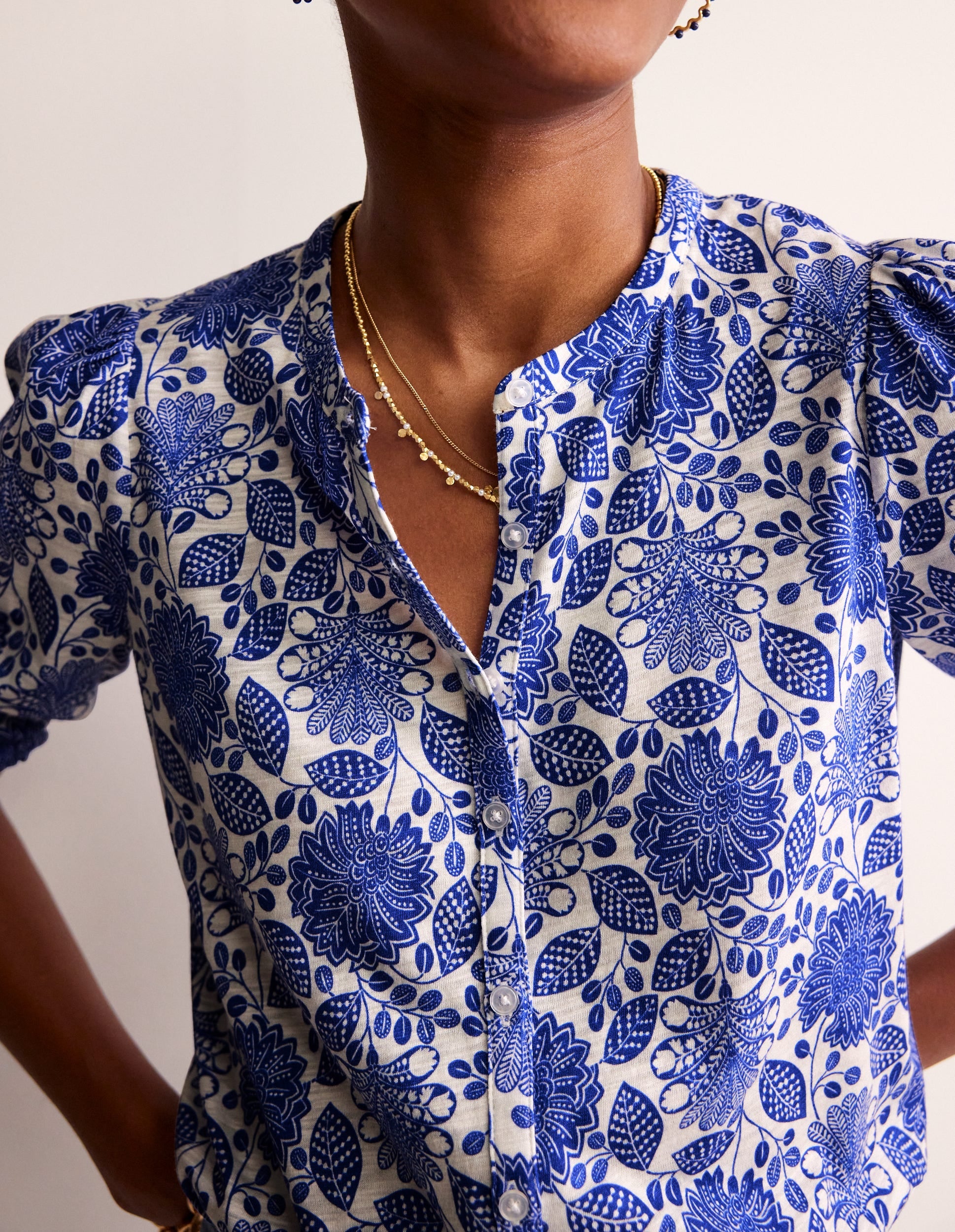 Dolly Puff Sleeve Jersey Shirt-Blue and Ivory, Gardenia Swirl-2
