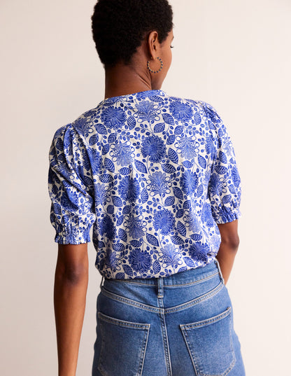 Dolly Puff Sleeve Jersey Shirt-Blue and Ivory, Gardenia Swirl-3