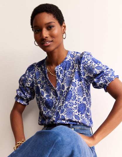 Dolly Puff Sleeve Jersey Shirt-Blue and Ivory, Gardenia Swirl-4
