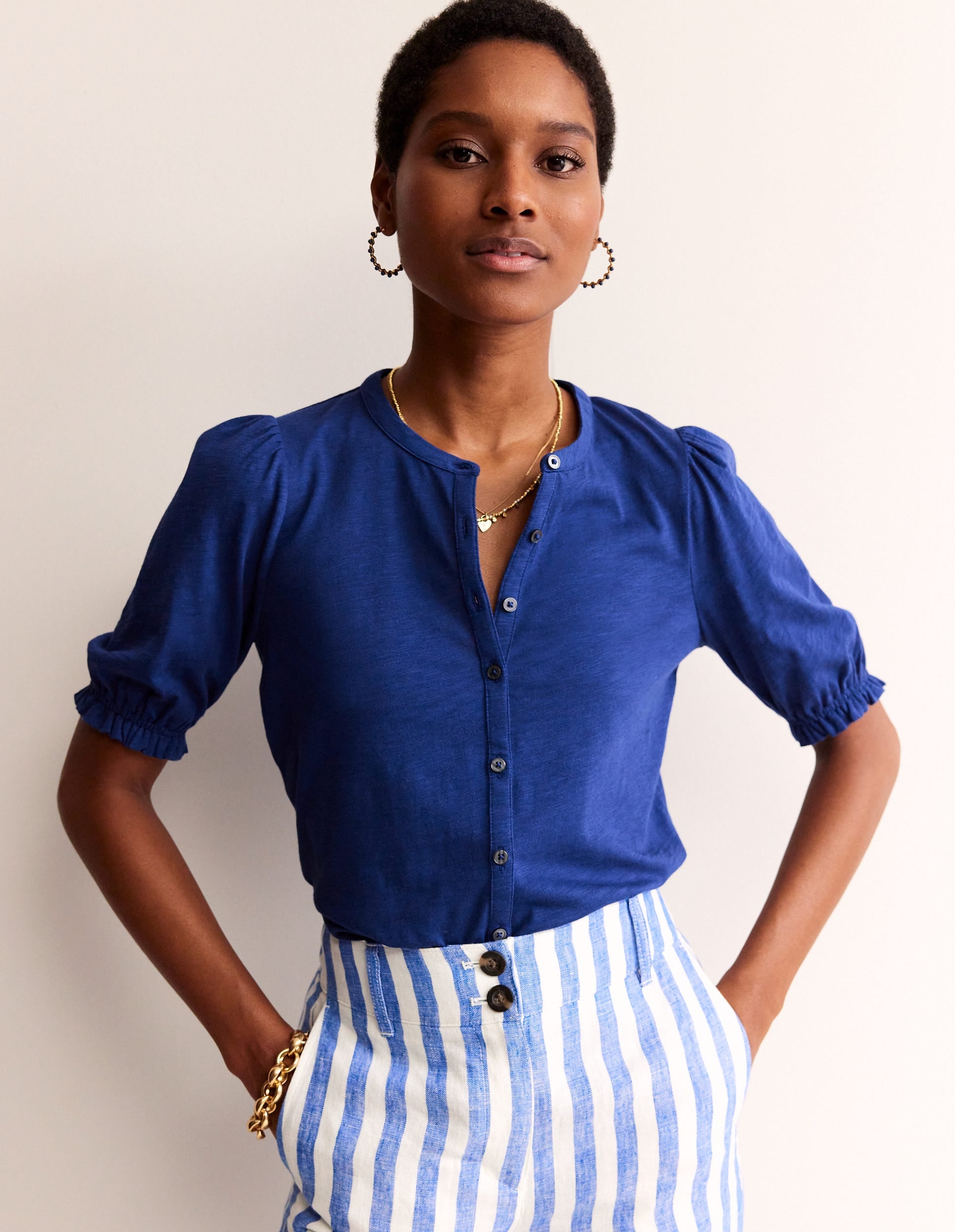 Dolly Puff Sleeve Jersey Shirt-Navy Peony-1