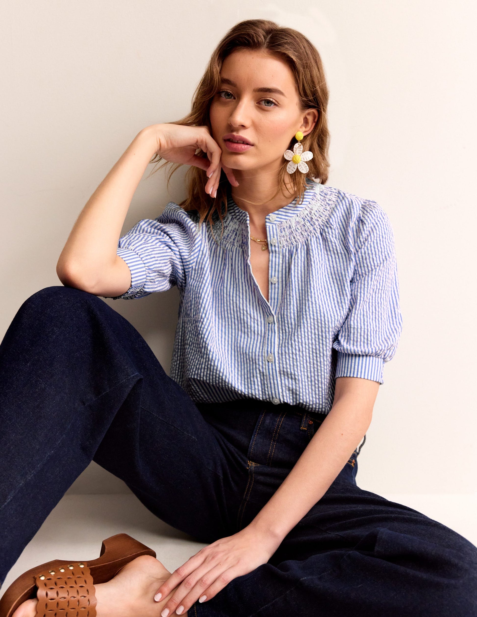 Ada Seersucker Top-Bright Blue, Ivory-1