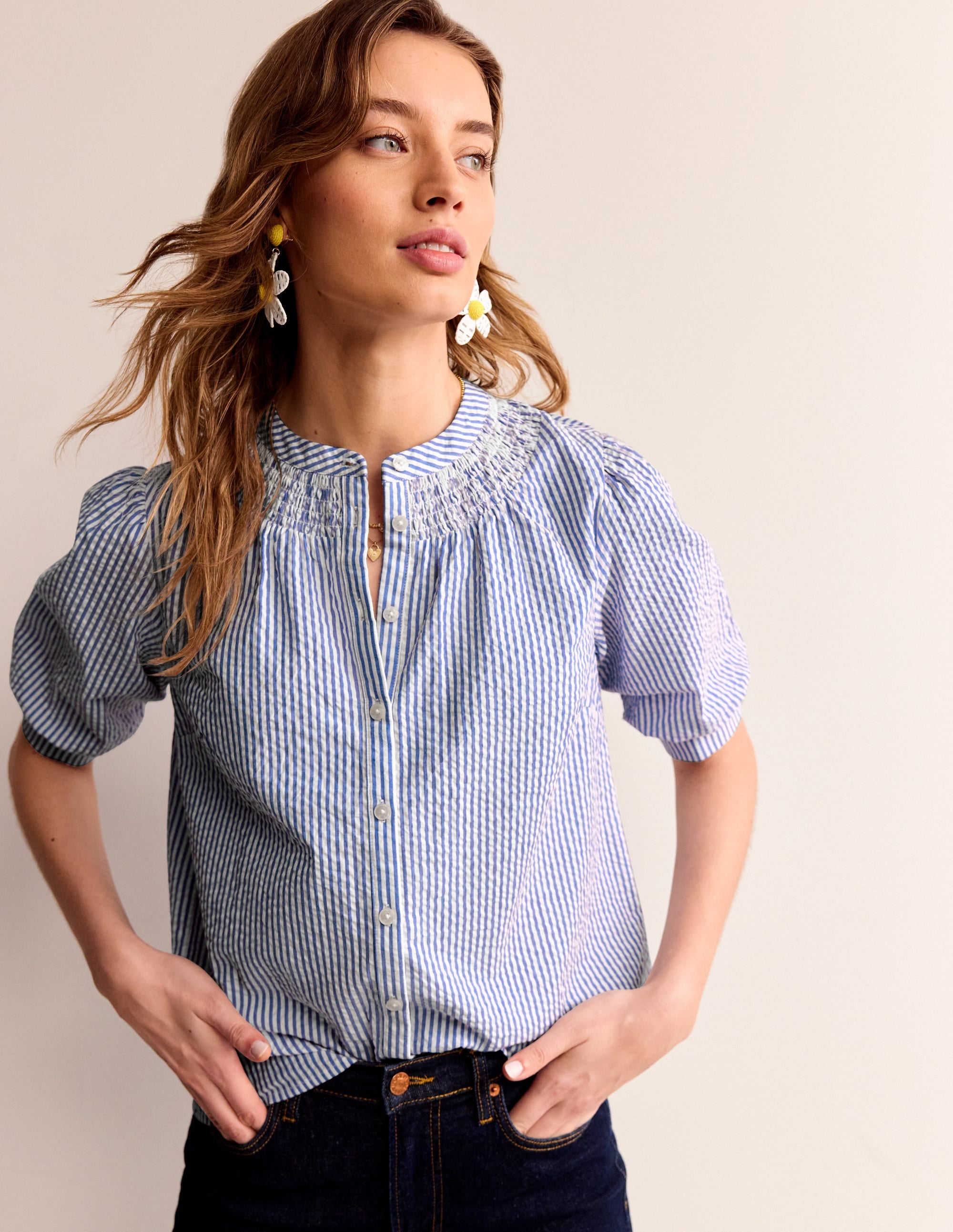 Ada Seersucker Top-Bright Blue, Ivory - Image 2