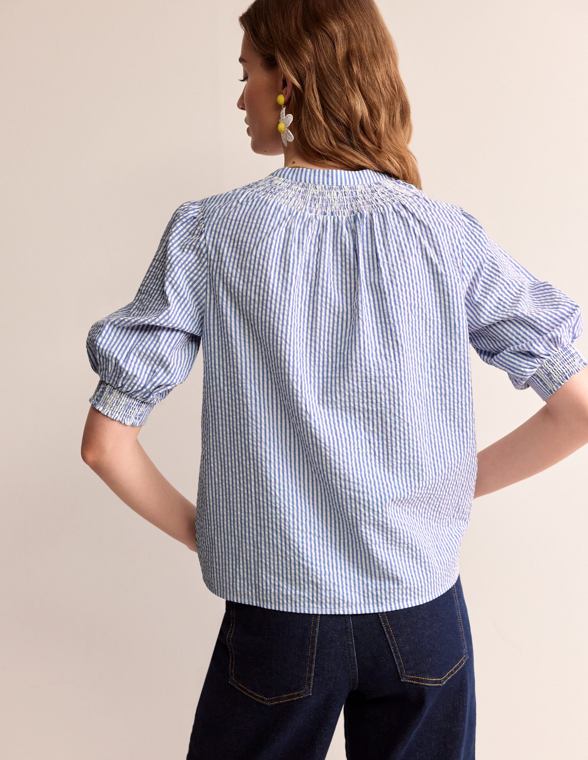 Ada Seersucker Top-Bright Blue, Ivory - Image 4