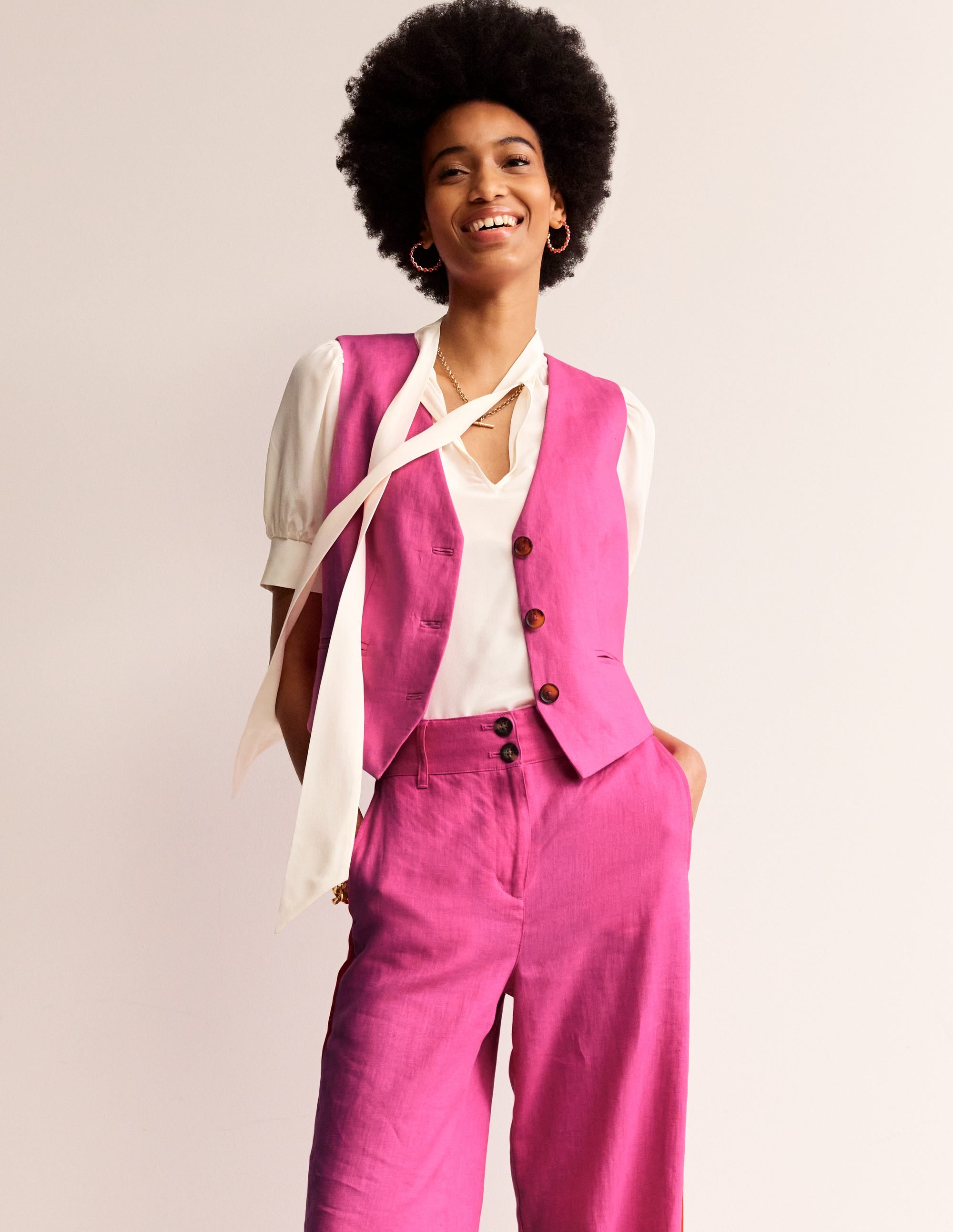 Linen V-Neck Waistcoat-Pop Pansy - Image 4