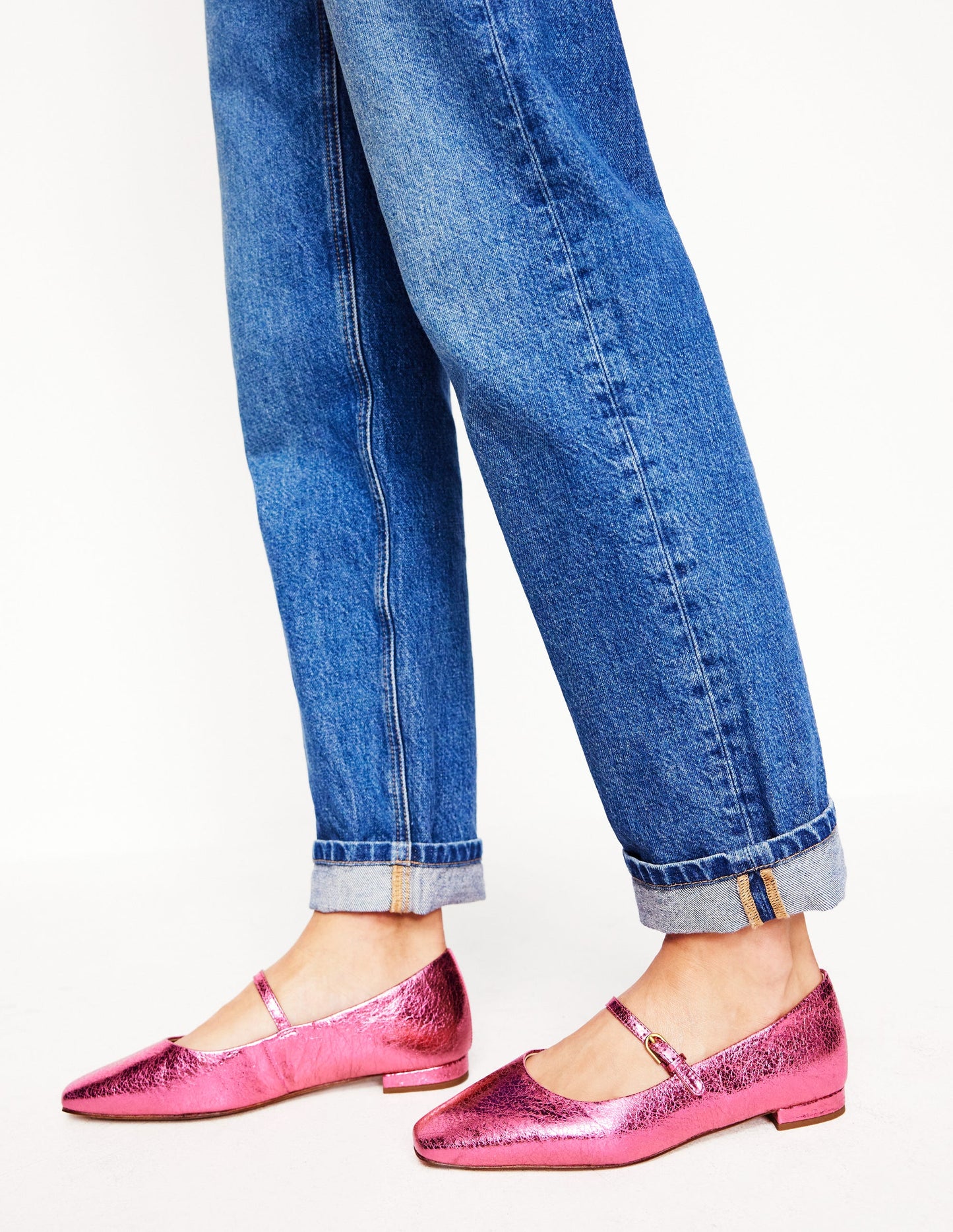 Penelope Mary Jane Flat-Pink Peacock Metallic Leather