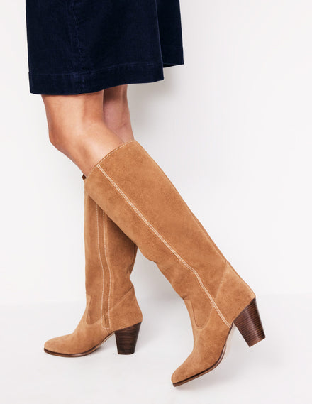 Almond Toe Heeled Knee Boots-Tan