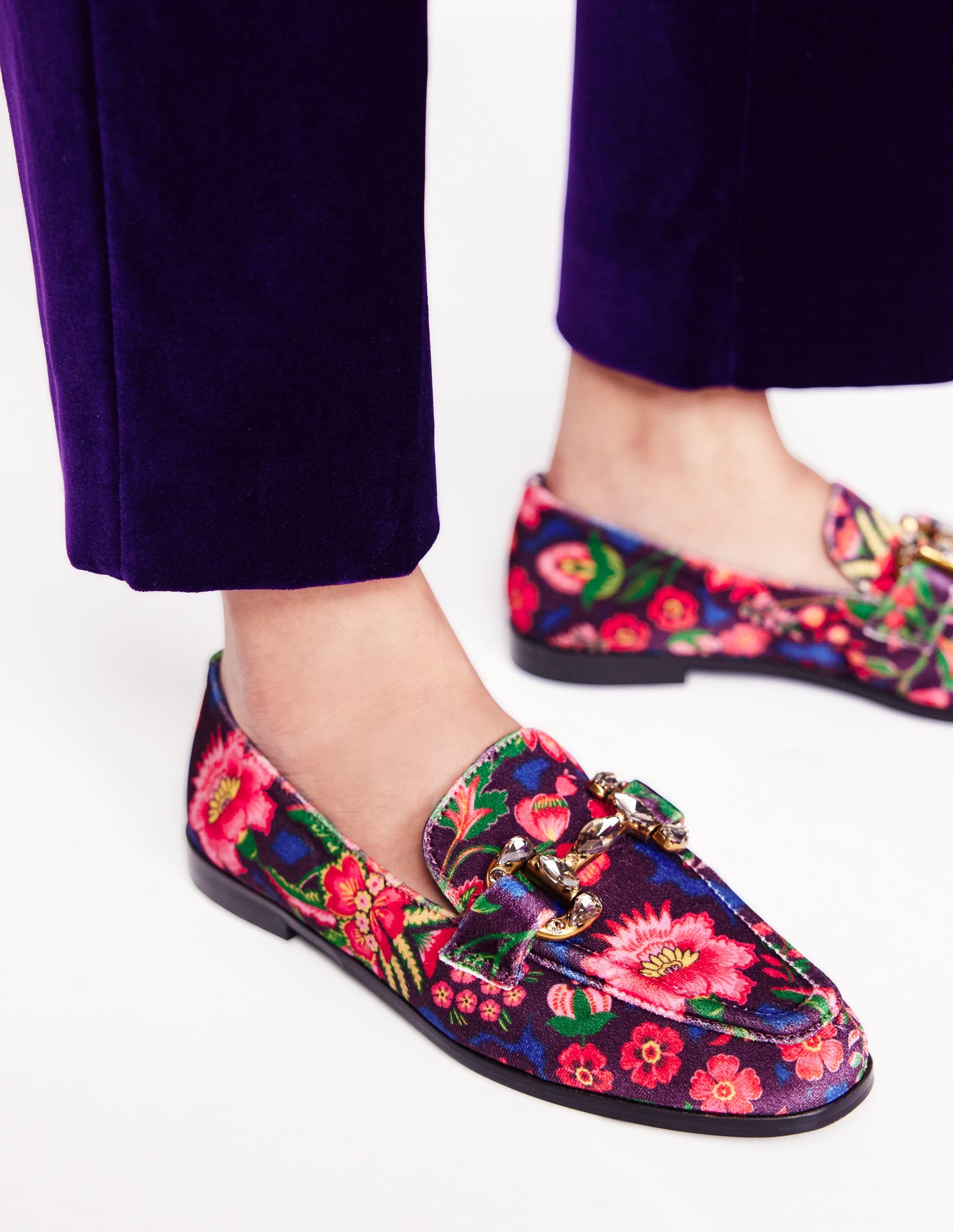 Iris Jewelled Snaffle Loafers-Printed Velvet - Image 1