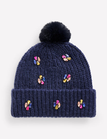 Jewelled Knitted Hat-Navy