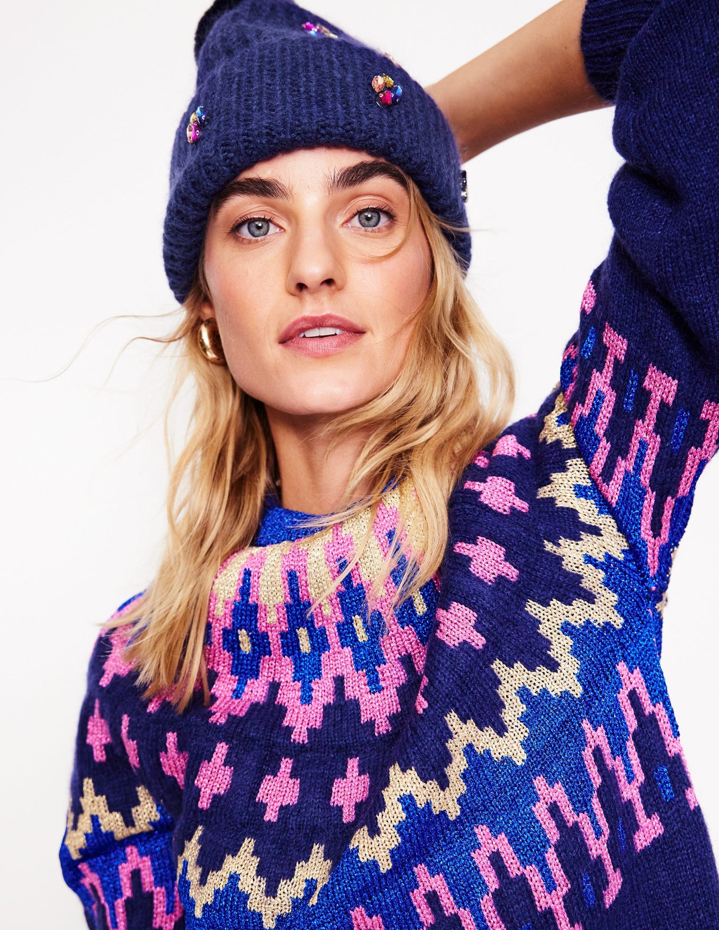 Jewelled Knitted Hat-Navy